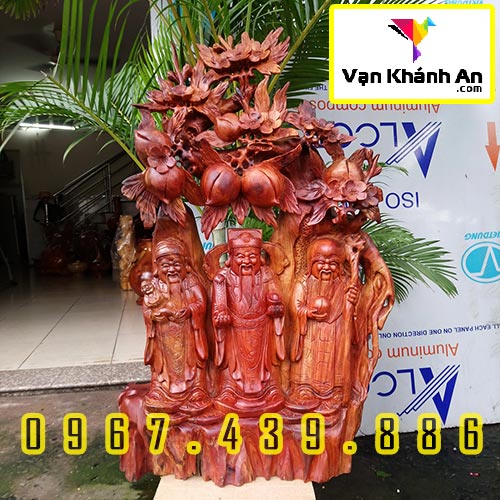 Tượng Tam Đa - Phúc Lộc Thọ đứng gốc đào gỗ hương