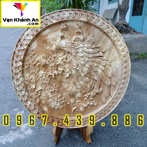 Đĩa gỗ trang trí chim công hoa mai gỗ nu nghiến